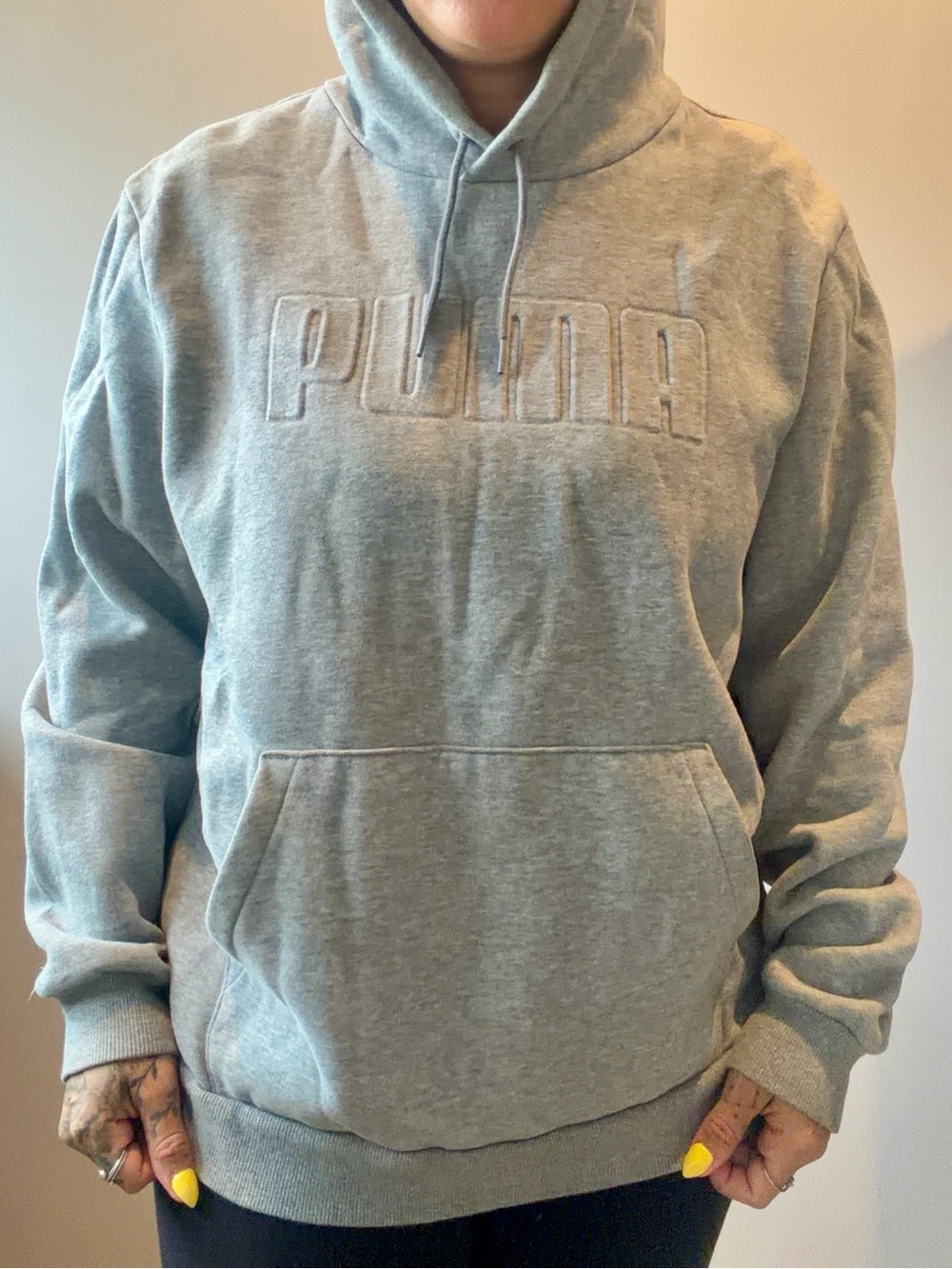 Puma Womens Large Solid Plain Gray‎ Hoodie Sweatshirt Long Sleeves Pockets Hood